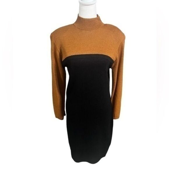 Vintage 80s St. John brown and black knee length dress size 6 mock neck - Picture 1 of 15